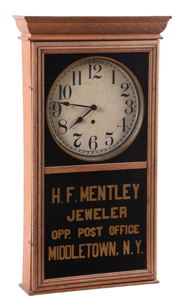 H.F. MENTLEY JEWELER REVERSE PAINTED CLOCK