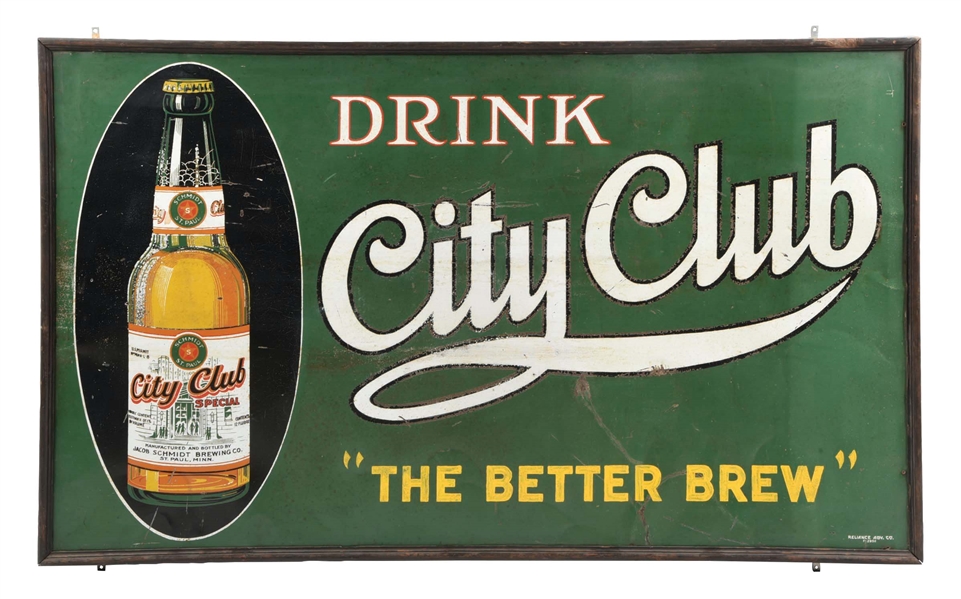 TIN CITY CLUB BEER SIGN W/ BOTTLE GRAPHIC