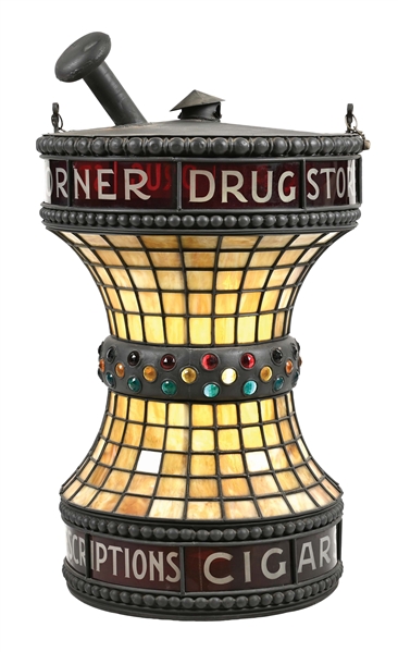 IMPRESSIVE CORNER DRUG STORE LEADED GLASS MORTAR AND PESTLE LIGHT