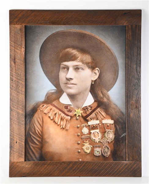 LARGE ANNIE OAKLEY FRAMED PORTRAIT LITHOGRAPH.