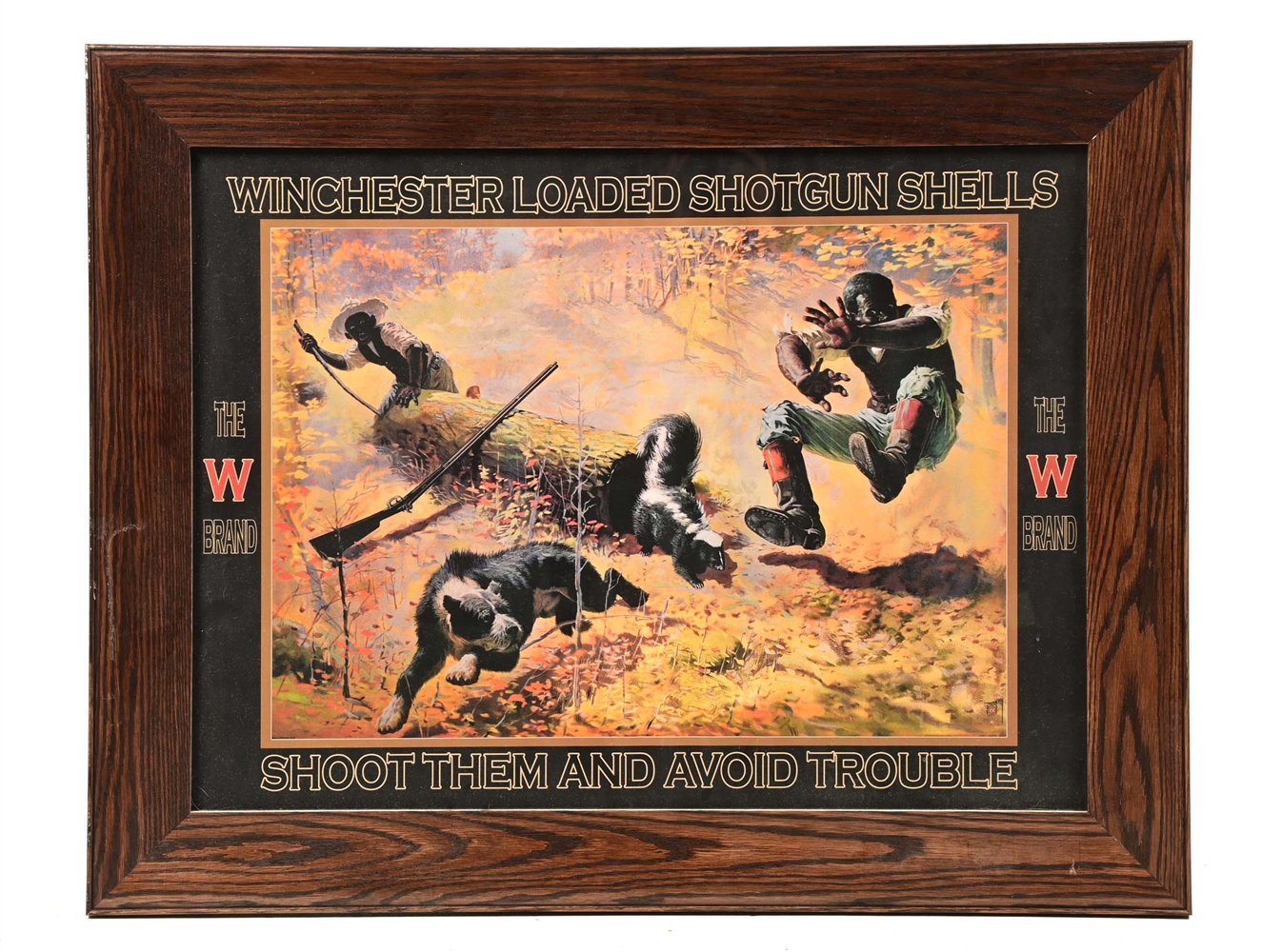 REPRODUCTION WINCHESTER "SHOOT THEM AND AVOID TROUBLE" SHOTGUN SHELLS ADVERTISING PRINT.