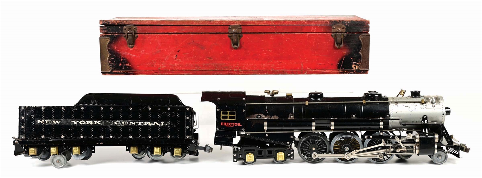 LOT OF 3: PRE-WAR GILBERT ERECTOR NO. 8 1/2, NEW YORK CENTRAL HUDSON ENGINE & TENDER SET W/ ORIGINAL BOX