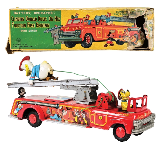 LINE MAR BATTERY-OPERATED WALT DISNEY CLIMBING DONALD DUCK ON FIRE ENGINE TOY IN ORIGINAL BOX