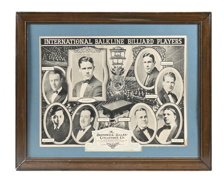 INTERNATIONAL BALKLINE BILLIARD PLAYERS FRAMED PAPER ADVERTISEMENT