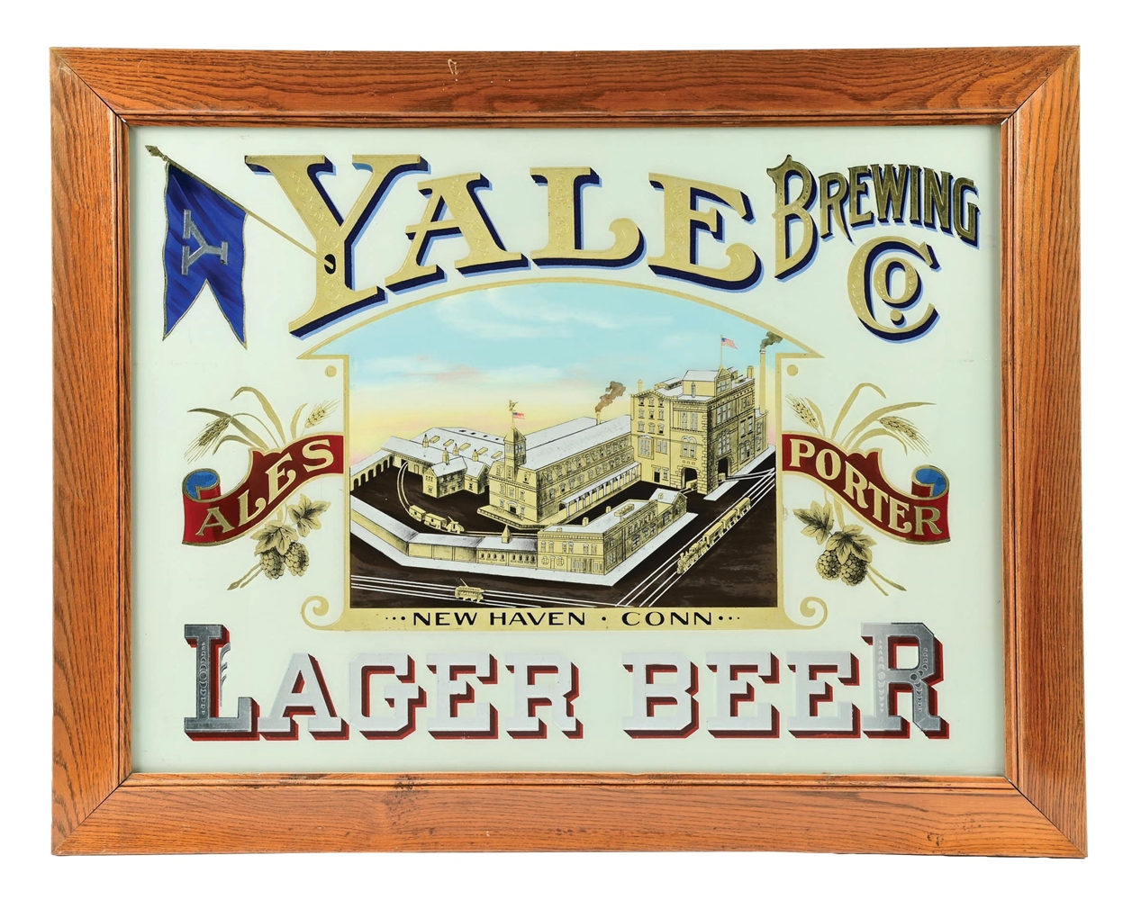 YALE BREWING CO. REVERSE PAINTED GLASS FACTORY SCENE ADVERTISING SIGN