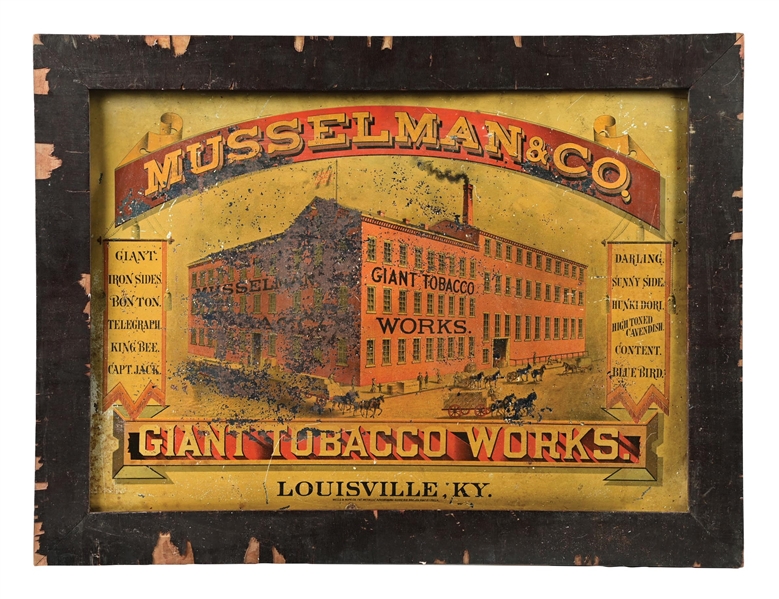 MUSSELMAN FACTORY SCENE TOBACCO TIN LITHOGRAPH SIGN