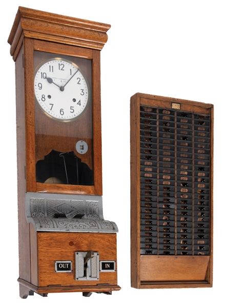 COLLECTION OF 2 WOODEN PUNCH IN AND OUT CLOCK AND TICKET TAKER