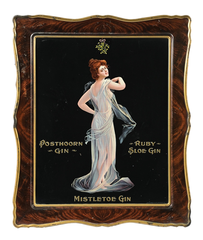 MISTLTOE GIN SELF FRAMED TIN LITHOGRAPHED SIGN