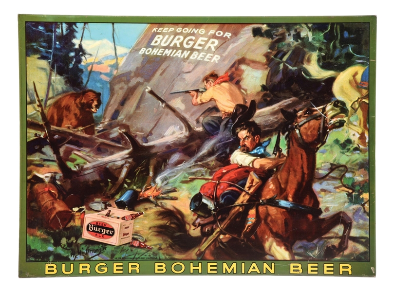 TIN BURGER BOHEMIAN BEER SIGN W/ HUNTING GRAPHIC