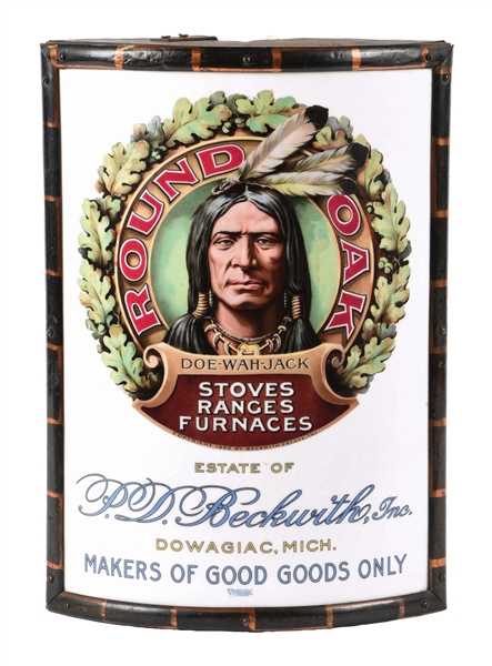 REVERSE GLASS ROUND OAK STOVES, RANGES, & FURNACES CORNER SIGN W/ NATIVE AMERICAN GRAPHIC