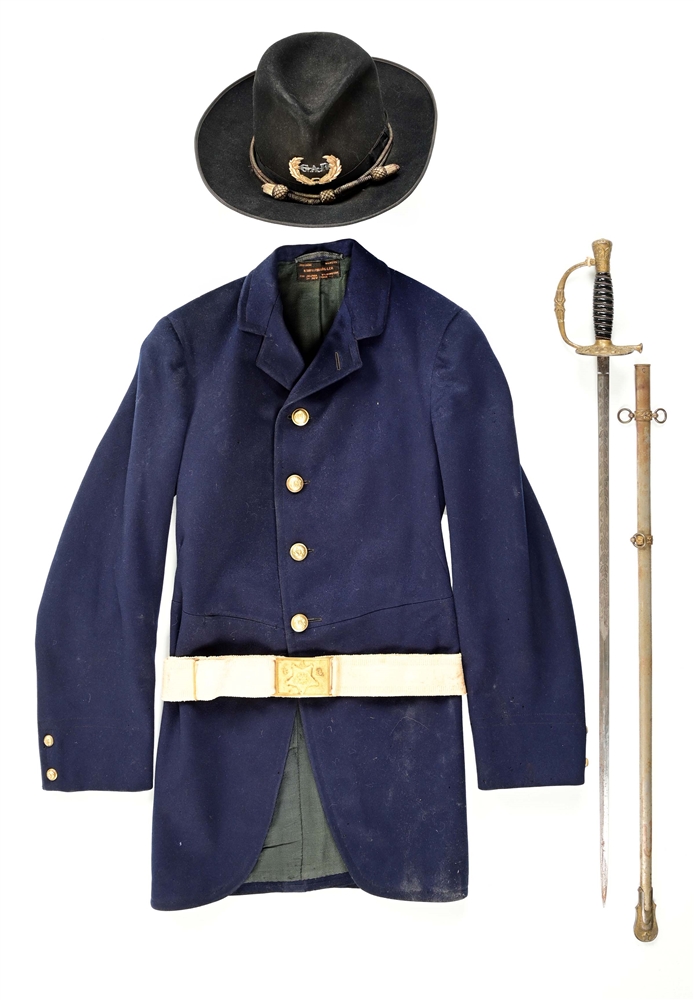 US GAR UNIFORM, HAT, BELT, AND SWORD.