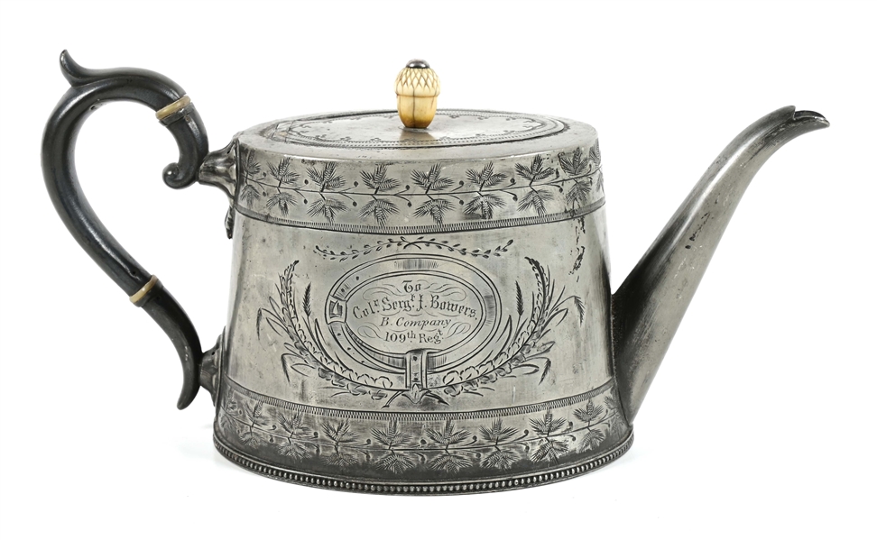 SILVER PLATED PEWTER TEAPOT PRESENTED TO A COLOR SERGEANT OF THE 109TH REGIMENT OF FOOT.