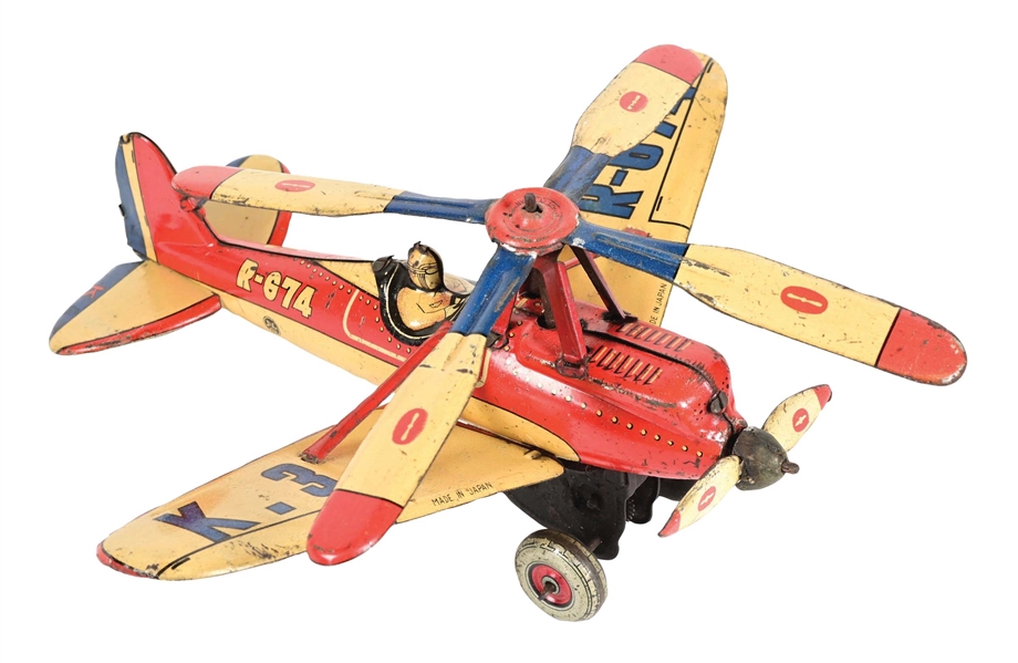 RARE PRE-WAR JAPANESE TIN LITHO WIND-UP GYROPLANE 