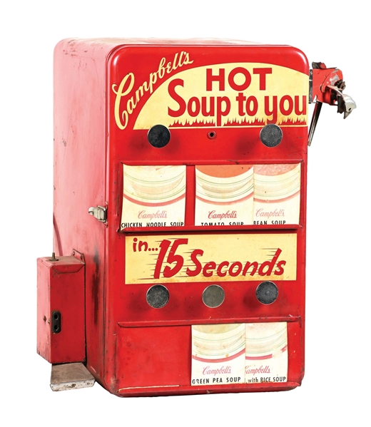 CAMPBELL HOT SOUP TO YOU IN 15 SEC. 3-SLOTS VENDING/ WARMER MACHINE W/ SIDE CAN OPENER