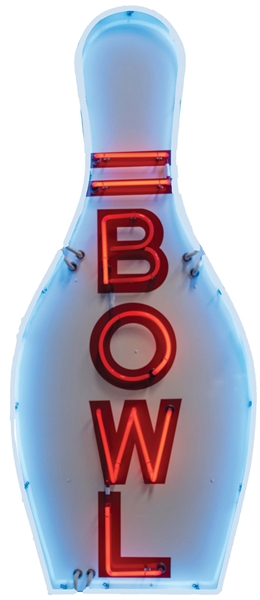 BOWL PAINTED METAL NEON SIGN W/ BOWLING PIN GRAPHIC