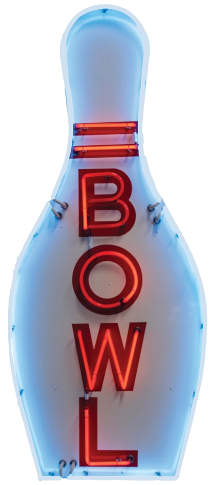 BOWL PAINTED METAL NEON SIGN W/ BOWLING PIN GRAPHIC