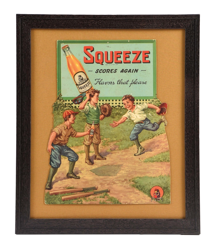 CARDBOARD SQUEEZE SODA POP SIGN W/ CHILDREN PLAYING GRAPHIC