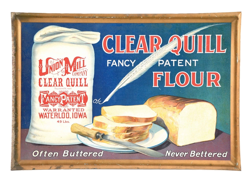 TIN UNION MILL CLEAR QUILL FLOUR SIGN W/ BREAD LOAF GRAPHIC