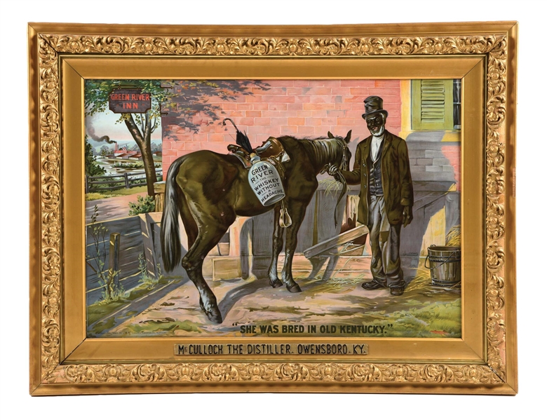 OUTSTANDING TIN GREEN RIVER WHISKEY SIGN W/ MAN & HORSE GRAPHIC