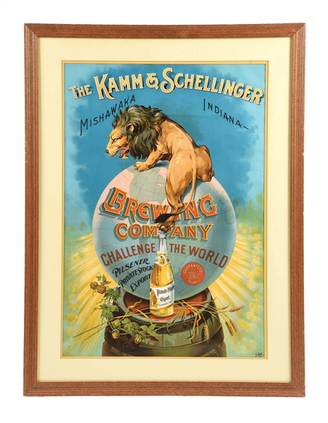 PAPER KAMM & SCHELLINGER BREWING COMPANY SIGN W/ LION & GLOBE GRAPHIC