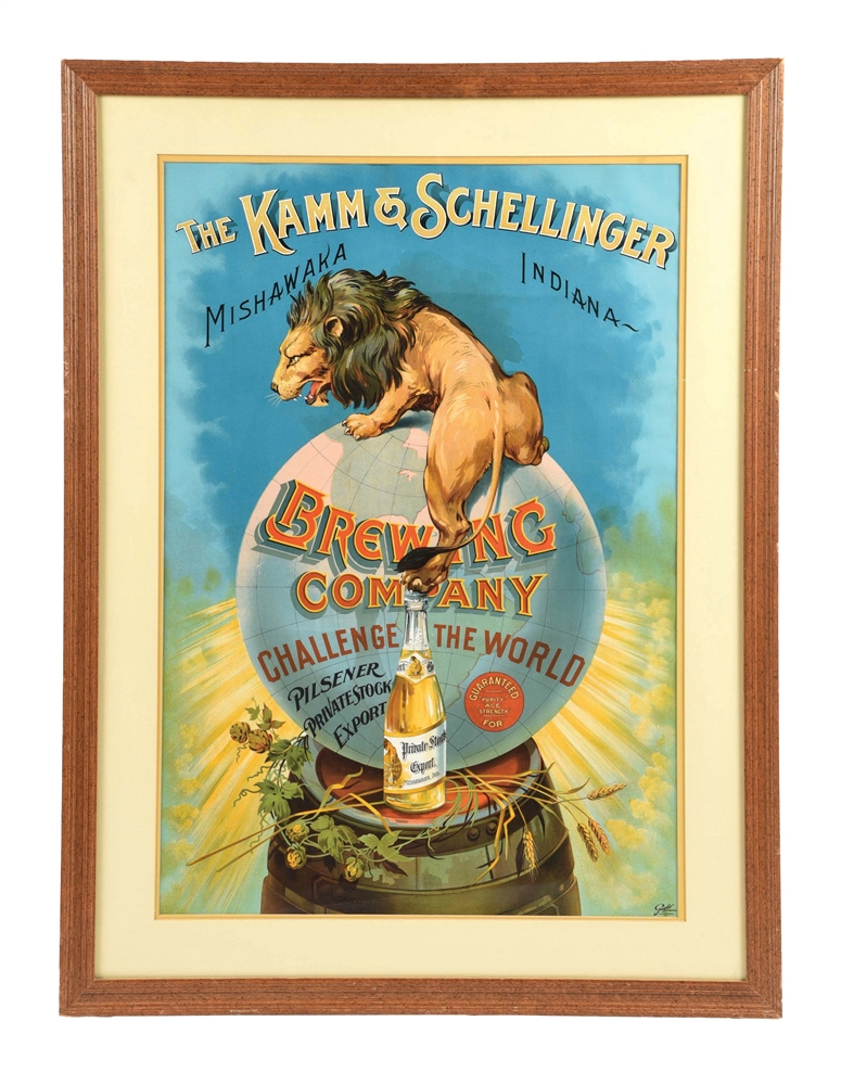 PAPER KAMM & SCHELLINGER BREWING COMPANY SIGN W/ LION & GLOBE GRAPHIC