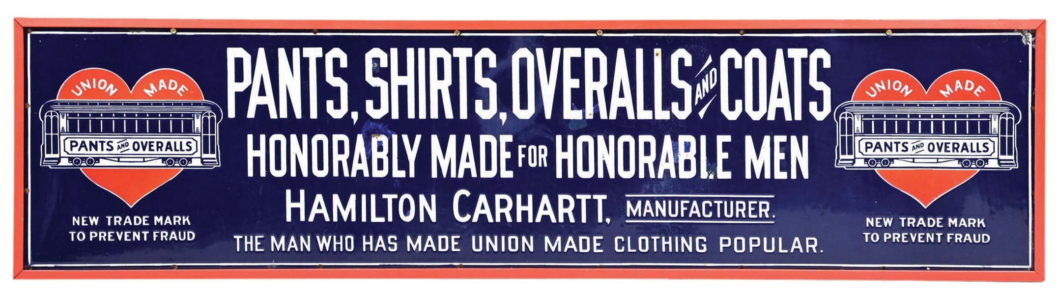 PORCELAIN CARHARTT WORK WEAR SIGN W/ TRAIN CAR GRAPHICS