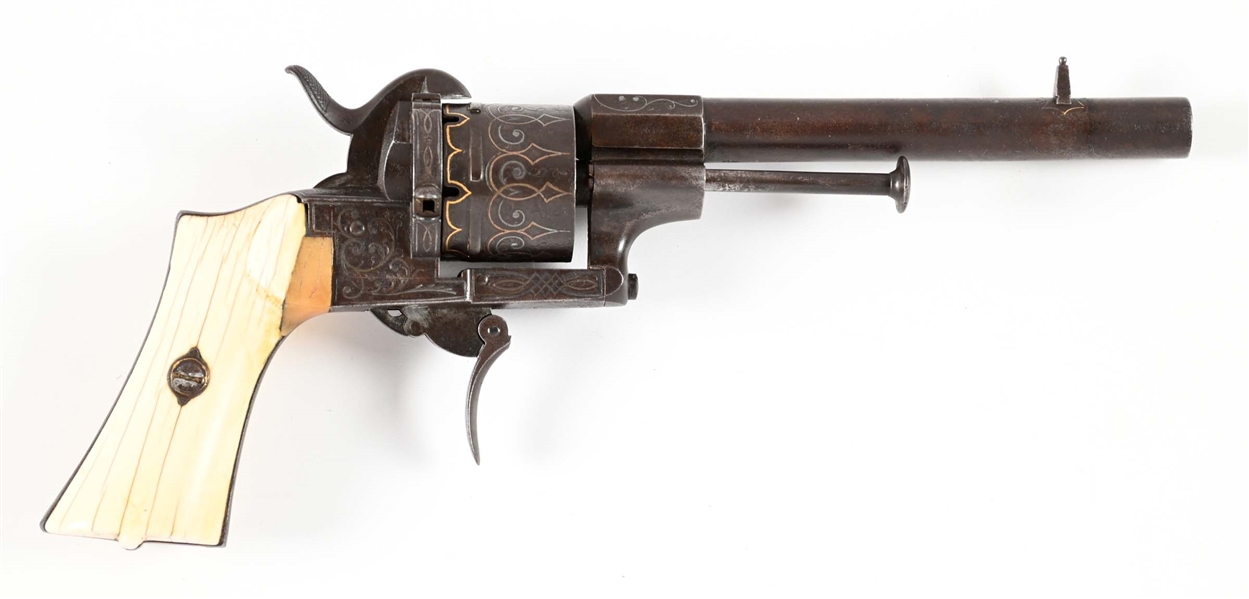 (A) GOLD AND SILVER INLAID LEFAUCHEUX BREVET PINFIRE REVOLVER