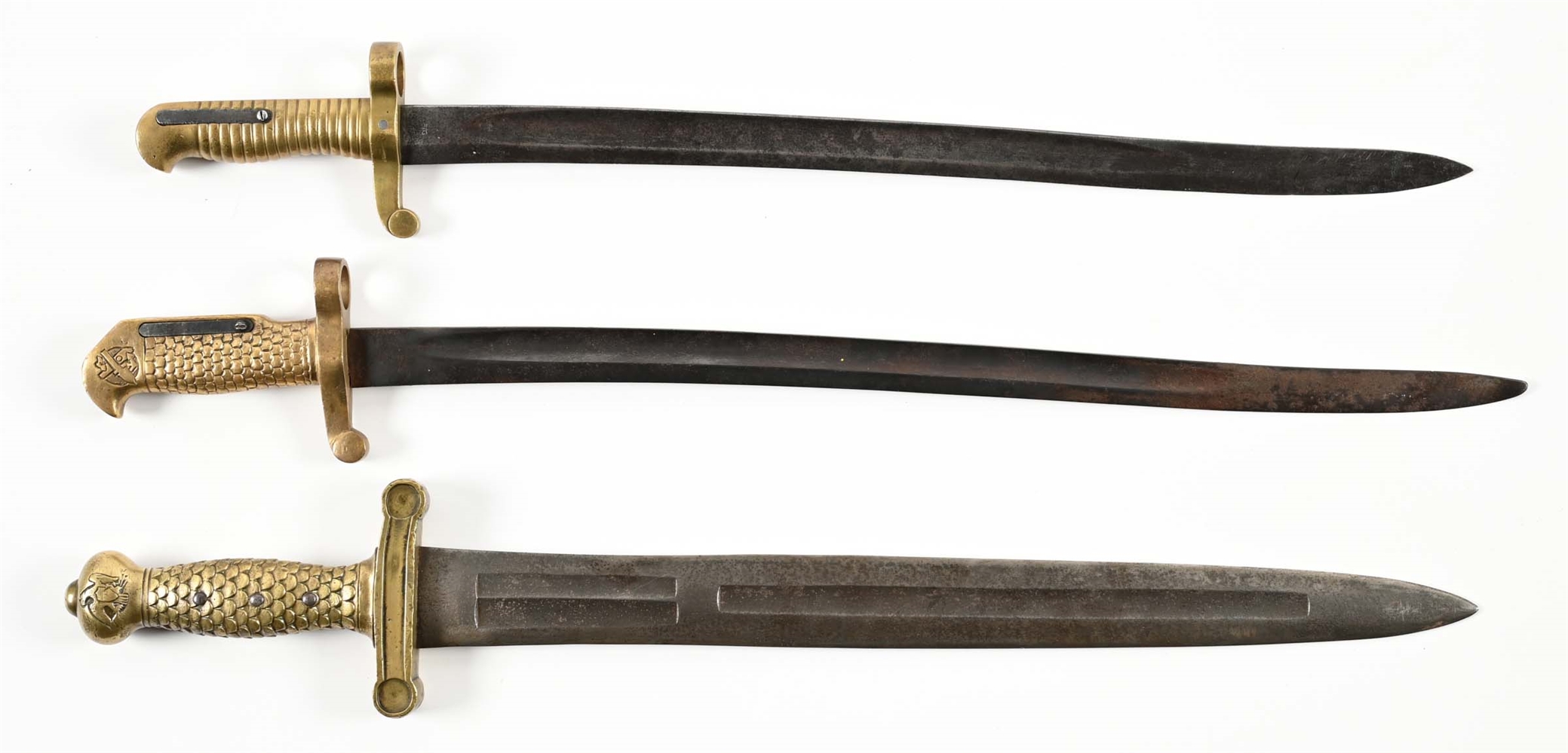 LOT OF 3: AMES ARTILLERY SHORT SWORD, 1870 ROLLING BLOCK BAYONET, AND COLLINS SABER BAYONET.