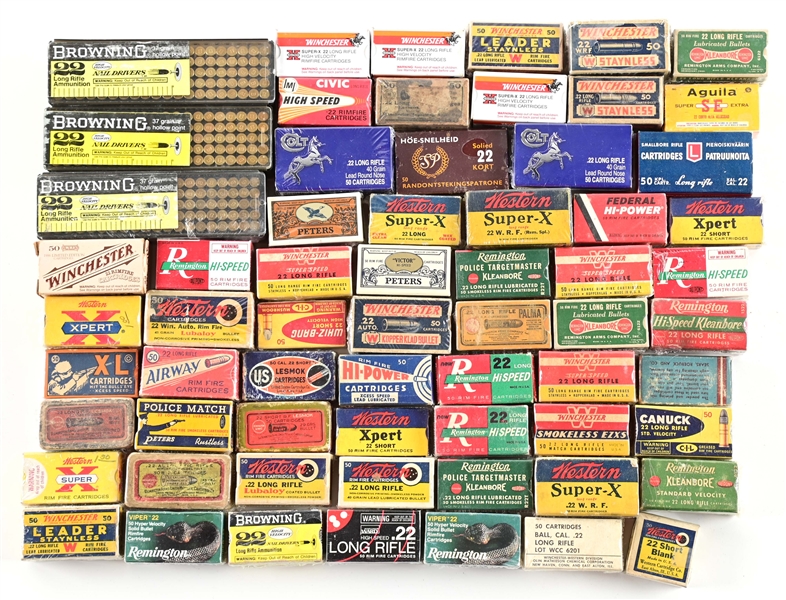 LOT OF 61 FULL BOXES OF .22 RIMFIRE COLLECTIBLE AMMO