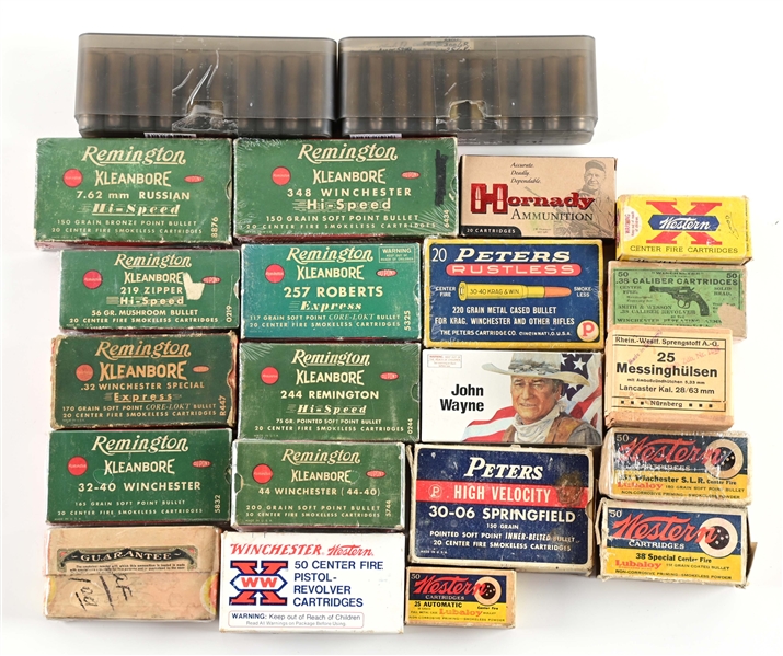 LOT OF SEVENTEEN FULL BOXES OF COLLECTIBLE CENTER FIRE AMMUNITION