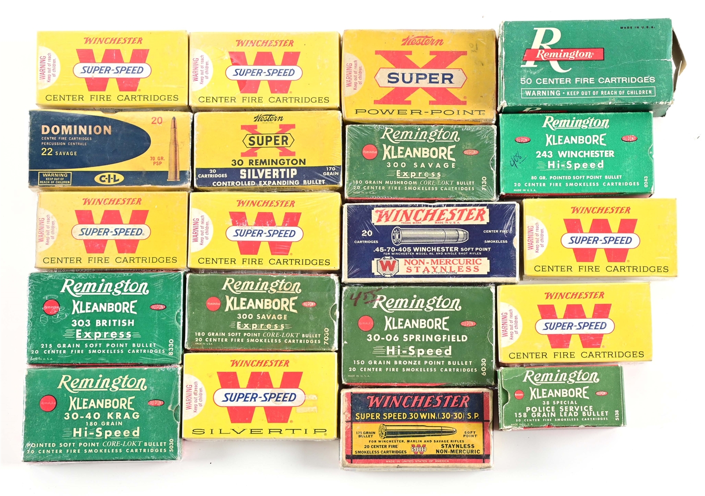 LOT OF 20 FULL BOXES OF COLLECTIBLE CENTERFIRE AMMUNITION