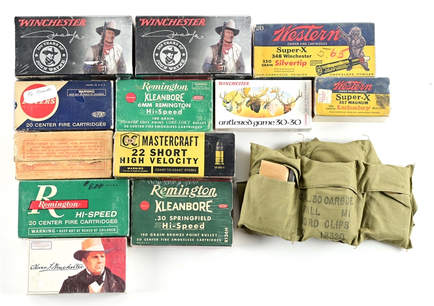 LOT OF 12: COLLECTABLE AMMUNITION FULL BOXES WITH AMMUNITION.