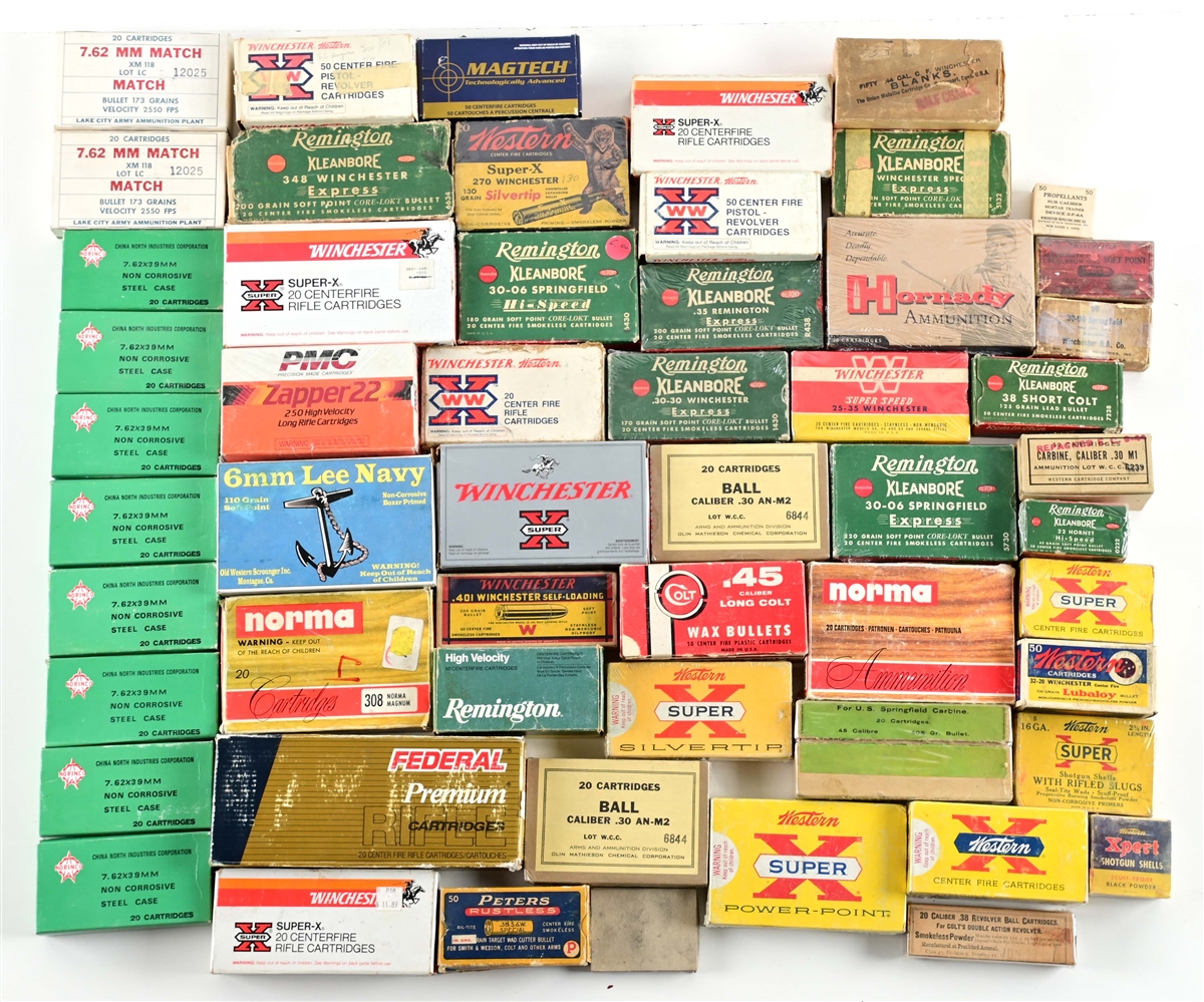 LARGE LOT OF COLLECTABLE RIMFIRE AND CENTERFIRE AMMUNITION BOXES WITH AMMO.