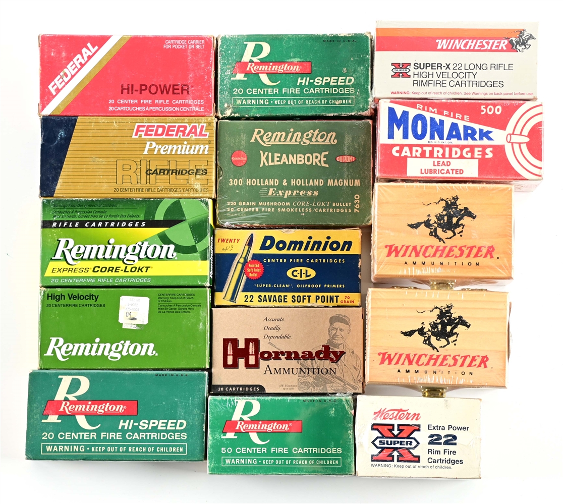 LOT OF FIFTEEN BOXES OF DESIREABLE AMMUNITION