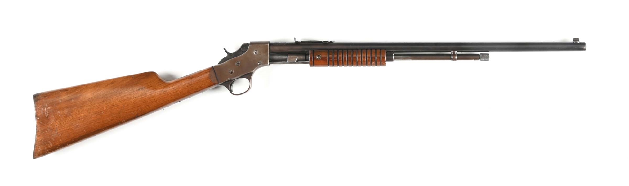 (C) STEVENS MODEL 70 VISIBLE LOADING SLIDE ACTION RIFLE.