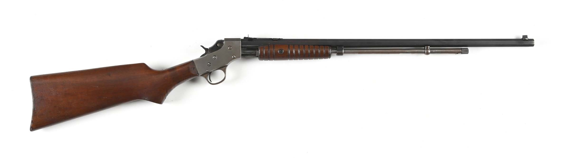 (C) STEVENS MODEL 70 VISIBLE LOADER SLIDE ACTION RIFLE.