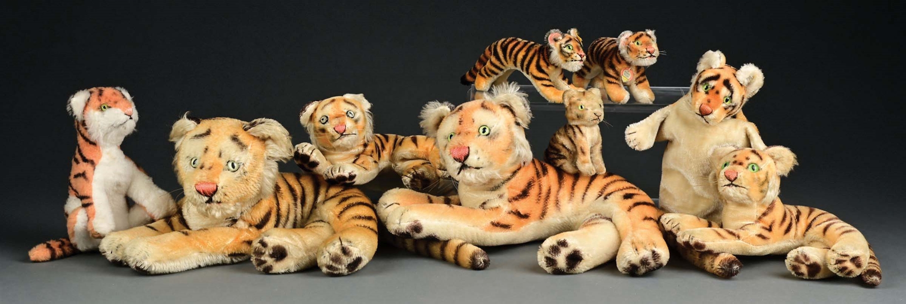 LOT OF 9: VINTAGE STEIFF STUFFED TIGER TOYS