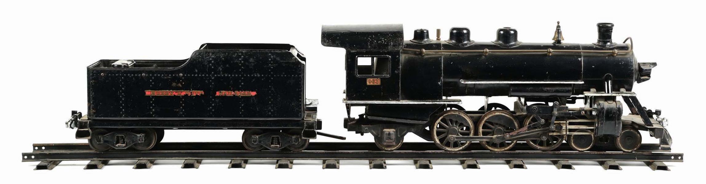 LARGE BUDDY "L" TRAIN ENGINE WITH CAR ON TRACK