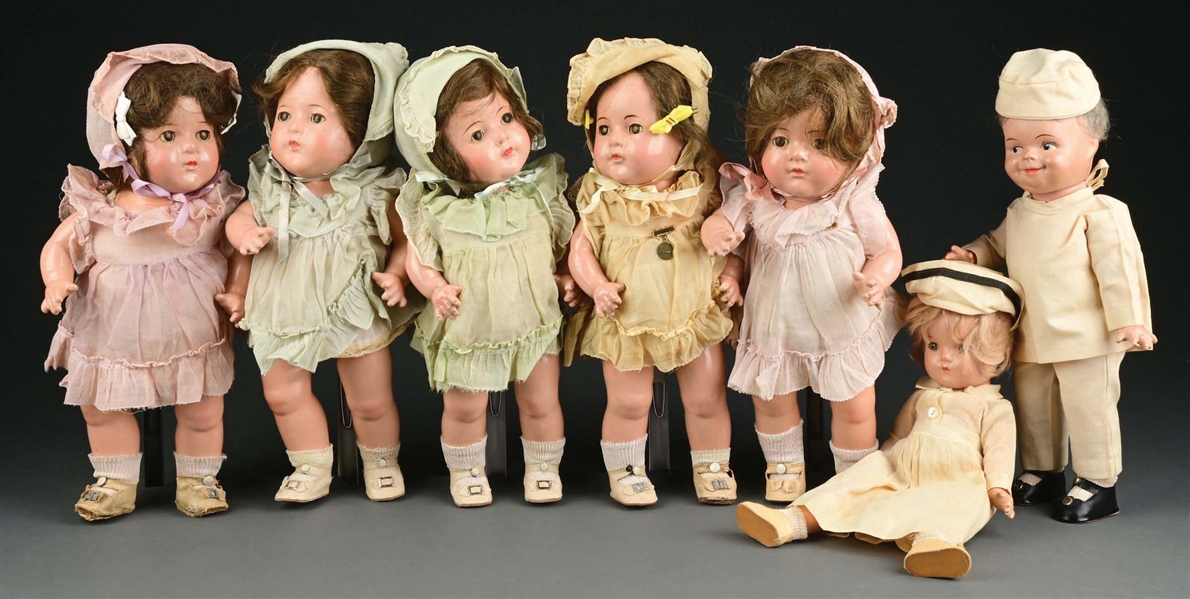 LOT OF 7: MADAME ALEXANDER DIONNE QUINTS DOLLS W/ DOCTOR & NURSE