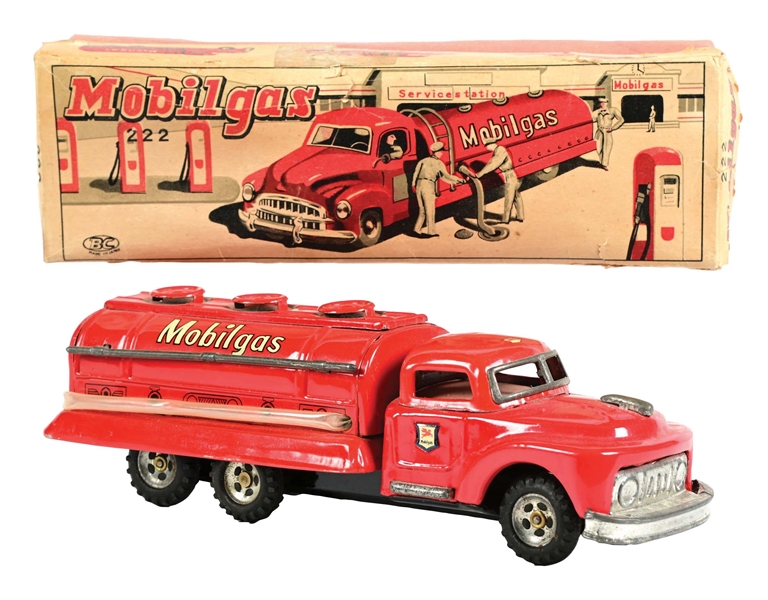 VERY SCARCE JAPANESE TIN LITHO FRICTION MOBILGAS TOY TRUCK W/ ORIGINAL BOX