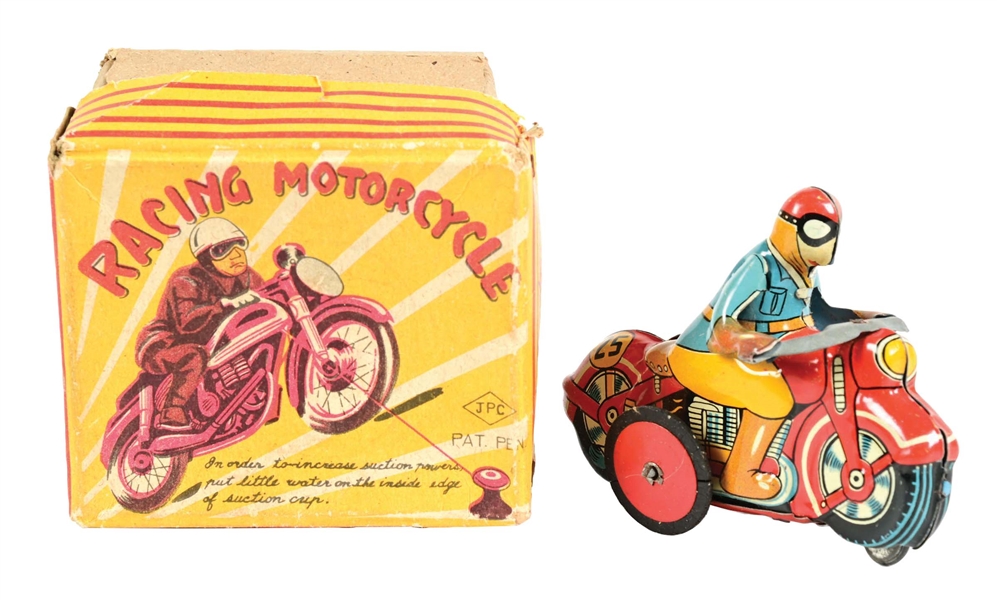 JAPANESE TIN LITHO WIND-UP RACING MOTORCYCLE TOY IN ORIGINAL BOX