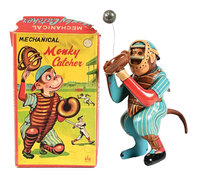 SCARCE JAPANESE TIN LITHO WIND-UP MONKEY CATCHER TOY