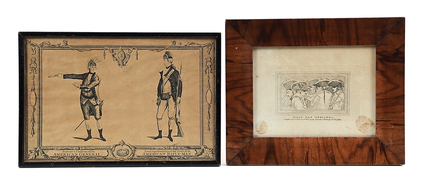 2 REVOLUTIONARY WAR PRINTS OF AMERICAN SOLDIERS AND HALF-PAY NAVAL OFFICERS.