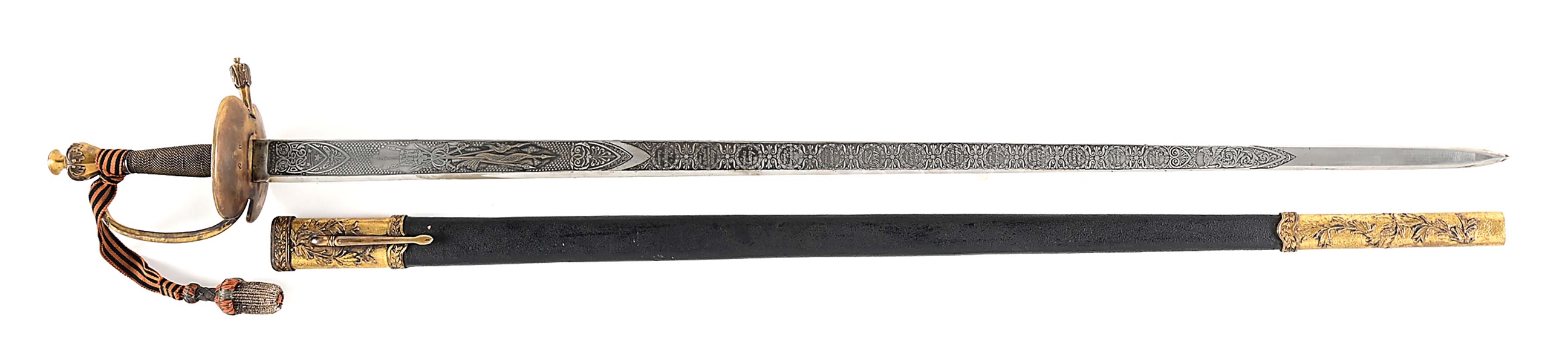 RUSSIAN COMMEMORATIVE SWORD WITH NAPOLEONIC BATTLE ETCHINGS. 