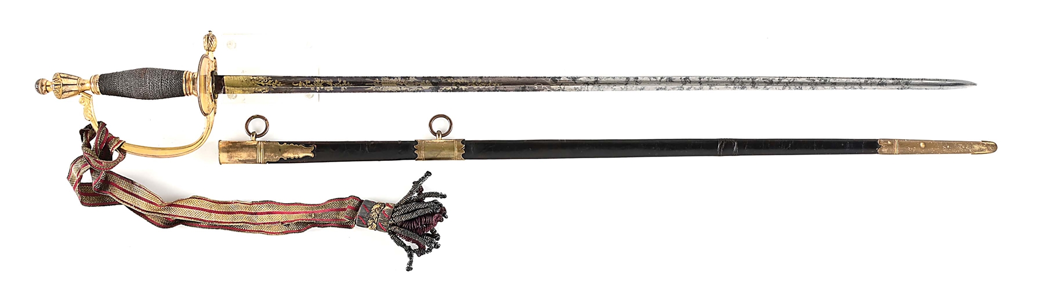 1796 BRITISH FOOT OFFICERS GALA SWORD WITH KNOT AND SCABBARD.