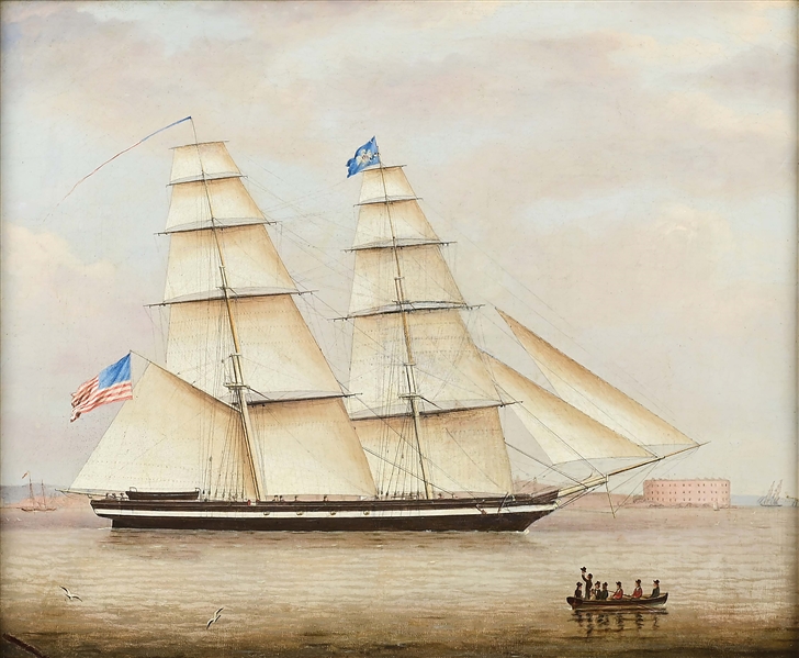 "US REVENUE CUTTER ALERT IN NEW YORK HARBOR, 1834." BY JAMES PRINGLE.