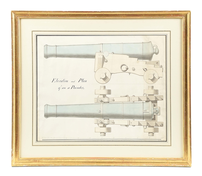 WATERCOLOR DRAWING/PLAN OF A BRITISH 18-POUNDER CANNON, CIRCA 1812.