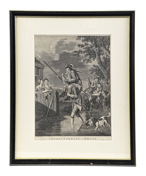 CARICATURE OF BRITISH TROOPS FORDING A BROOK AFTER COLLET, 1772. PRINT.