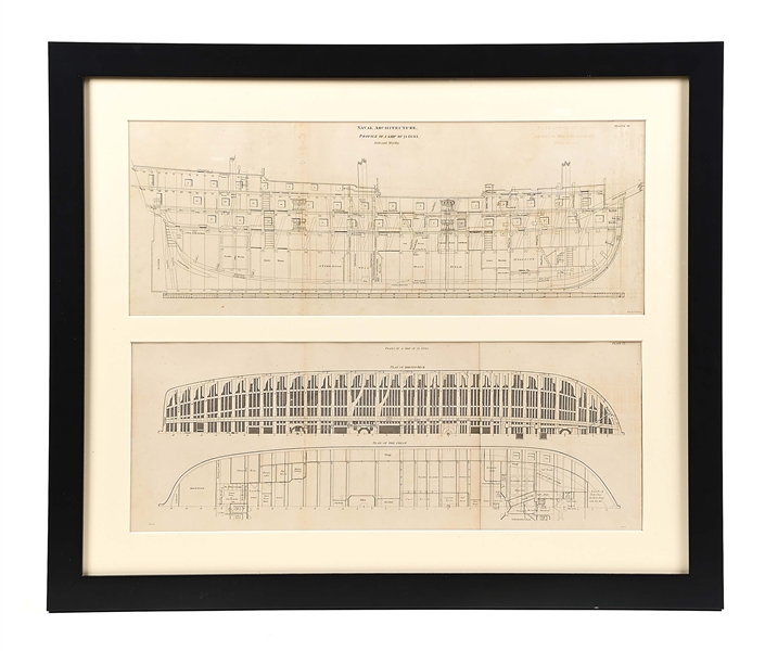 PAIR OF FRAMED, ROYAL NAVY 74-GUN SHIP PLANS. WAR OF 1812 ERA.