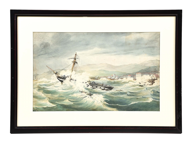 HMS ORESTES CUTTING AWAY HER FOREMAST IN A GALE OFF BARCELONA, 1831.